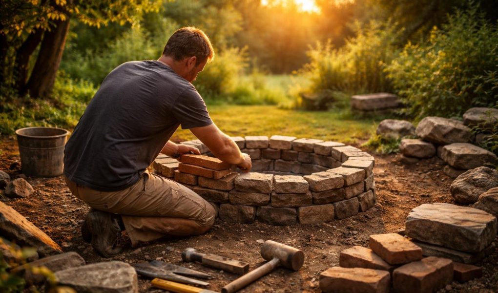 homme-brasero-construction-jardin-coucher-soleil