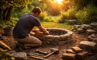 homme-brasero-construction-jardin-coucher-soleil