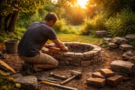 homme-brasero-construction-jardin-coucher-soleil