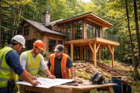 maison-bois-foret-ouvriers-construction