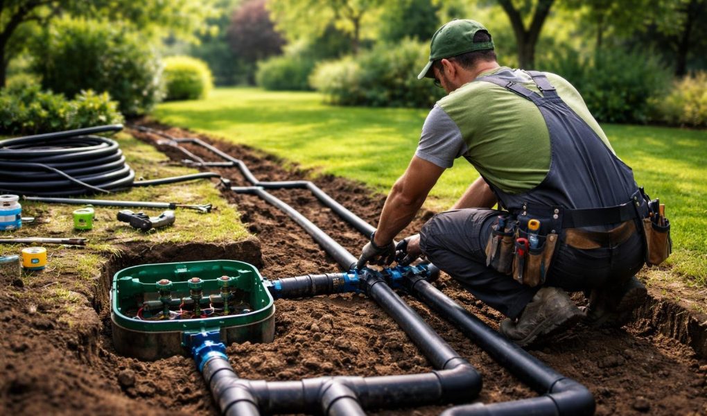 jardin-verdoyant-technicien-tuyaux-arbres