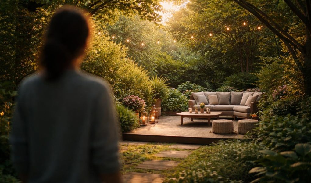 jardin-terrasse-bois-verdure-lumiere-douce