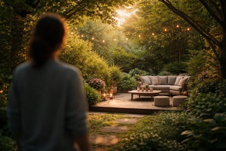 jardin-terrasse-bois-verdure-lumiere-douce